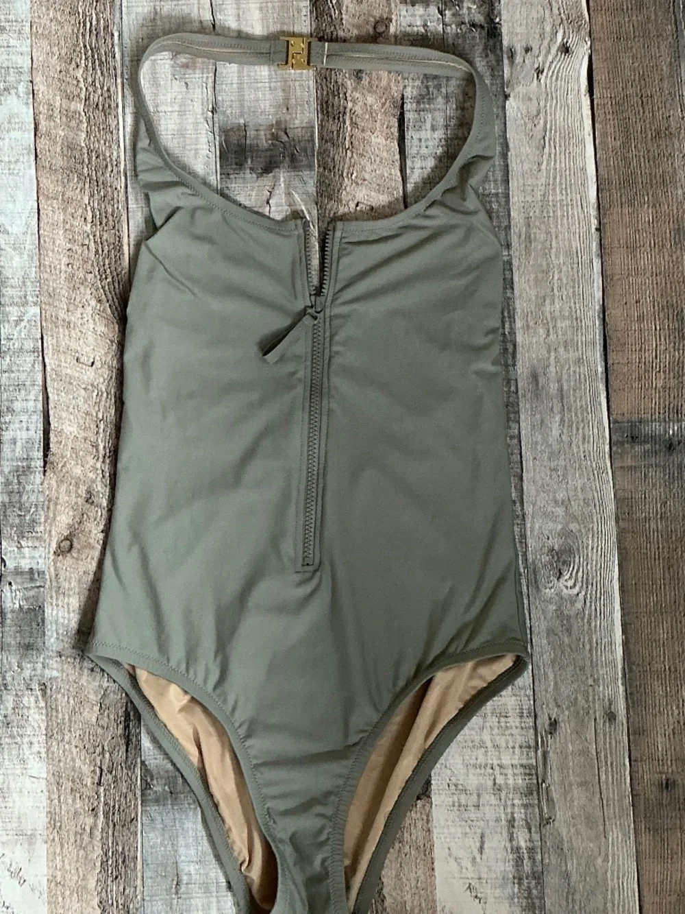 J Crew Zipper Front Halter Neck Maillot One Piece Swimsuit Stone Grey  SZ 6